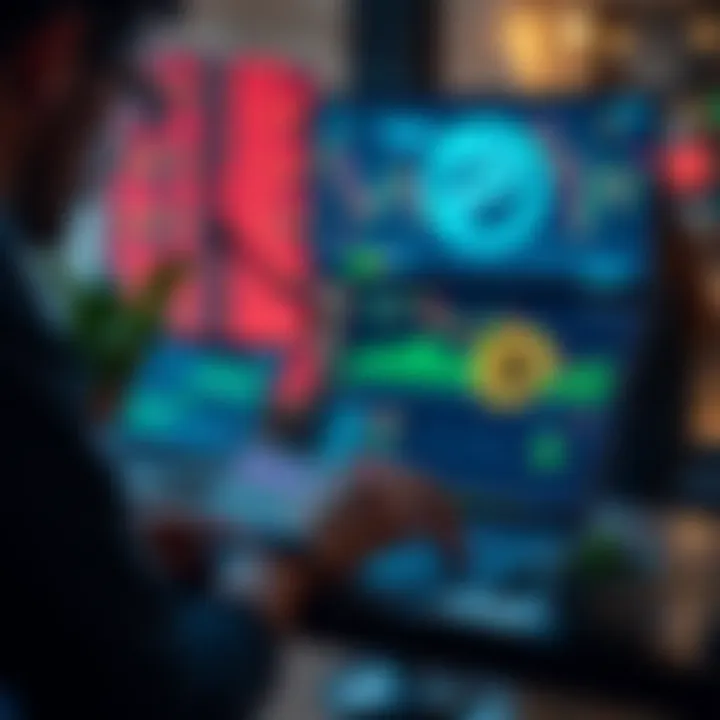 A trader examining charts on a laptop with Pi cryptocurrency graphics and the Pionex logo in the background