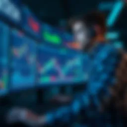 A user practicing trading skills on a simulator with historical market charts and graphs displayed, showing fast-forward movement and a focused expression.