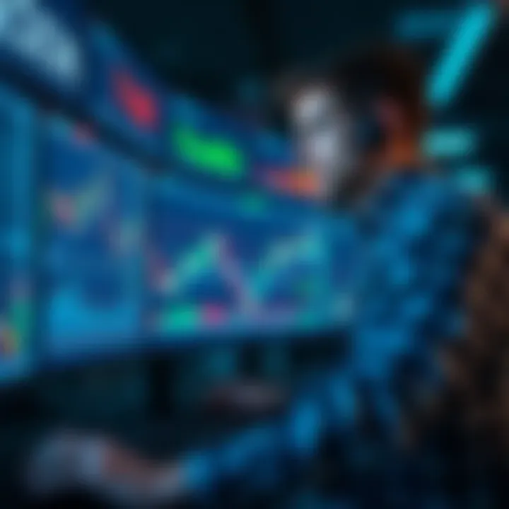 A user practicing trading skills on a simulator with historical market charts and graphs displayed, showing fast-forward movement and a focused expression.