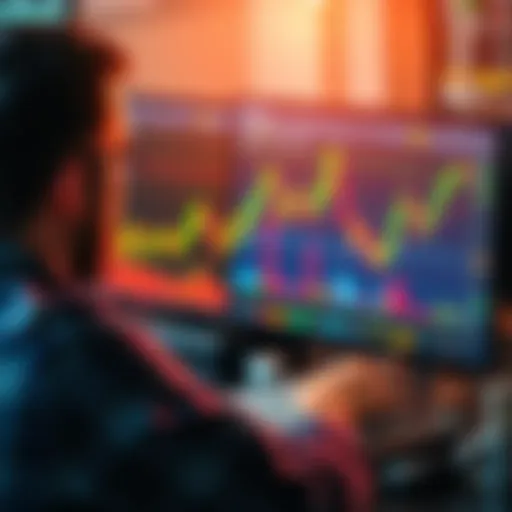 A person analyzing stock charts and coins on a computer screen, focusing on day trading strategies.