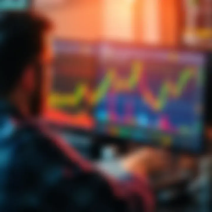 A person analyzing stock charts and coins on a computer screen, focusing on day trading strategies.
