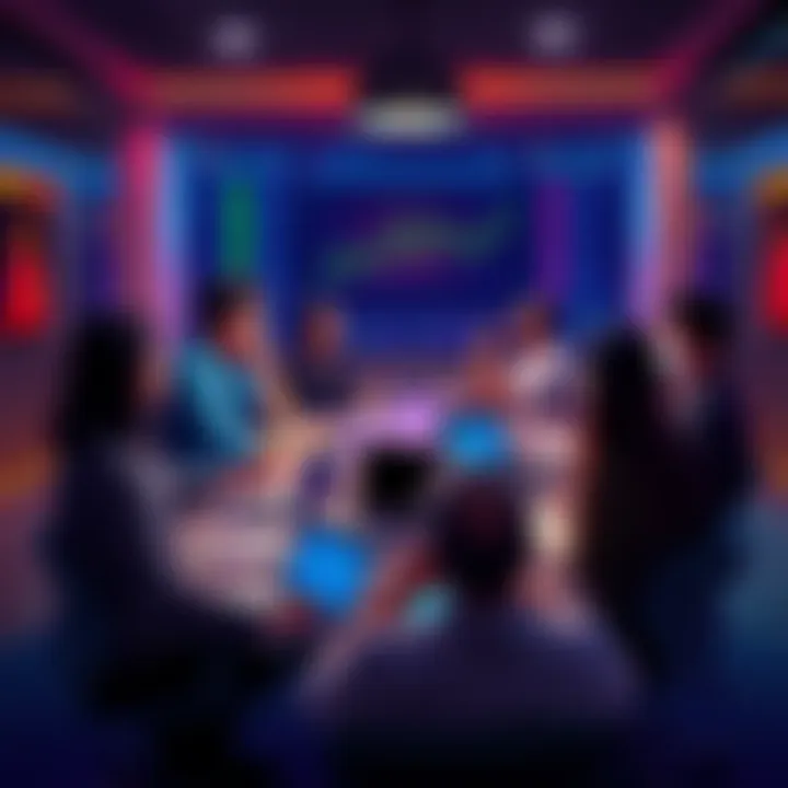 A group of people engaging in a discussion about trading strategies and market events at a table with charts and laptops.