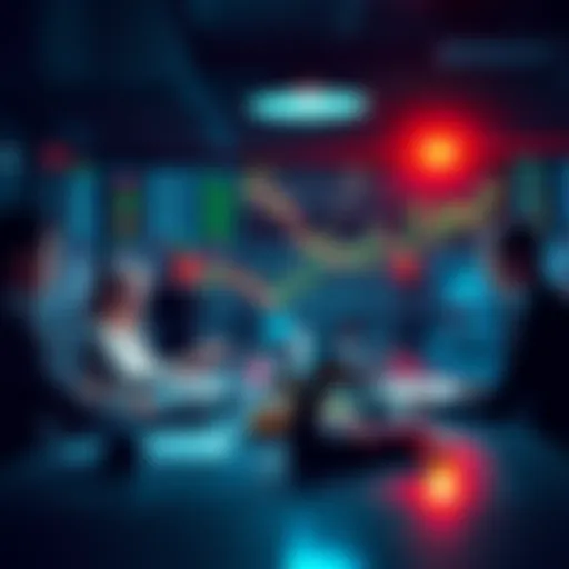 A group of people discussing trading strategies at a table with charts and laptops.