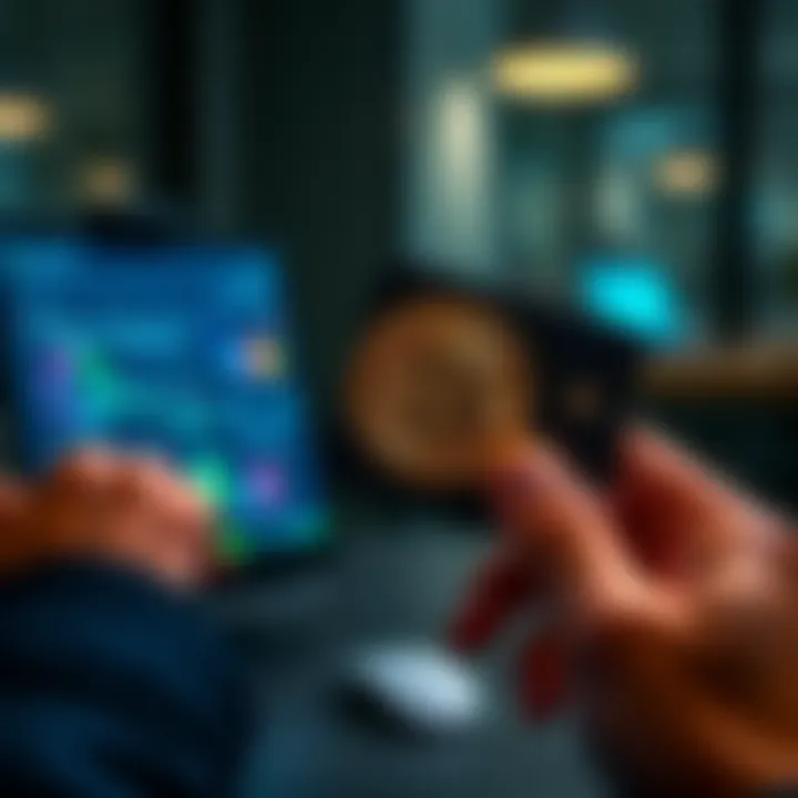 A person moving Bitcoin to a Trezor 3 cold wallet, showing a screen with wallet interface and physical wallet in hand