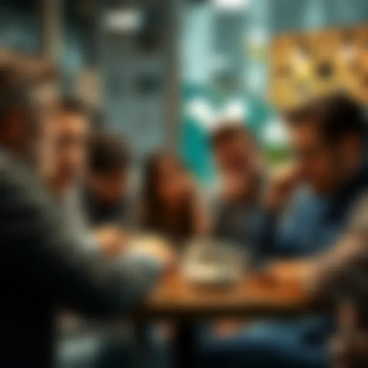 A group of unhappy investors discussing their disappointment over Travala's Smart Diamond bonus cut at a coffee shop