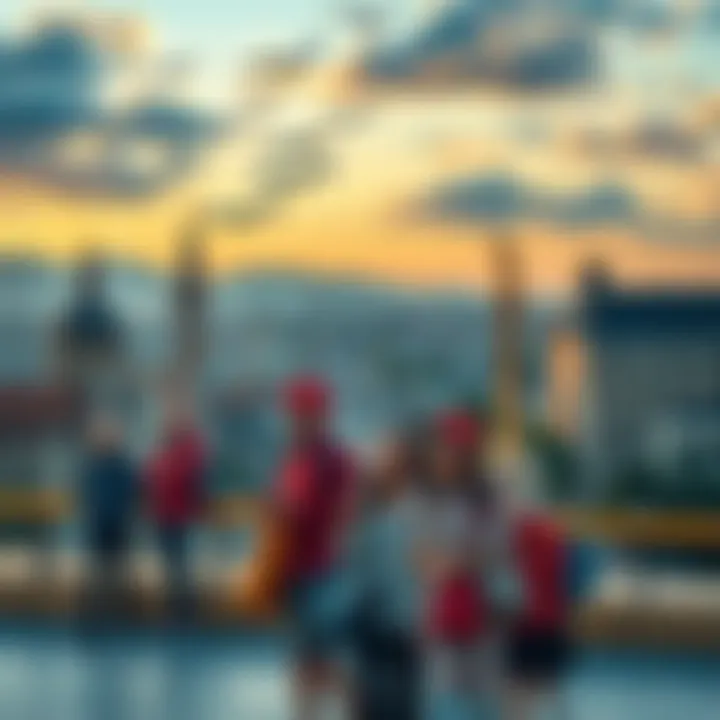 A scenic view featuring famous landmarks and happy travelers enjoying their time abroad.