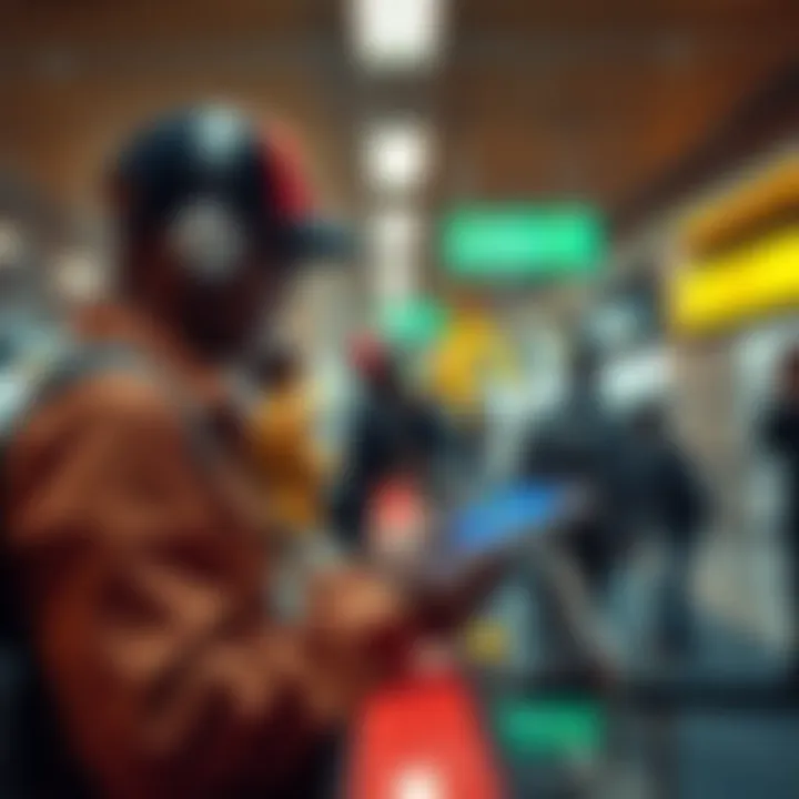 A traveler at an airport customs desk declaring cryptocurrency on a device to officials, emphasizing new South African regulations.