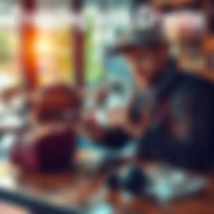 A traveler using a smartphone to make a cryptocurrency payment at a cafe while surrounded by travel essentials