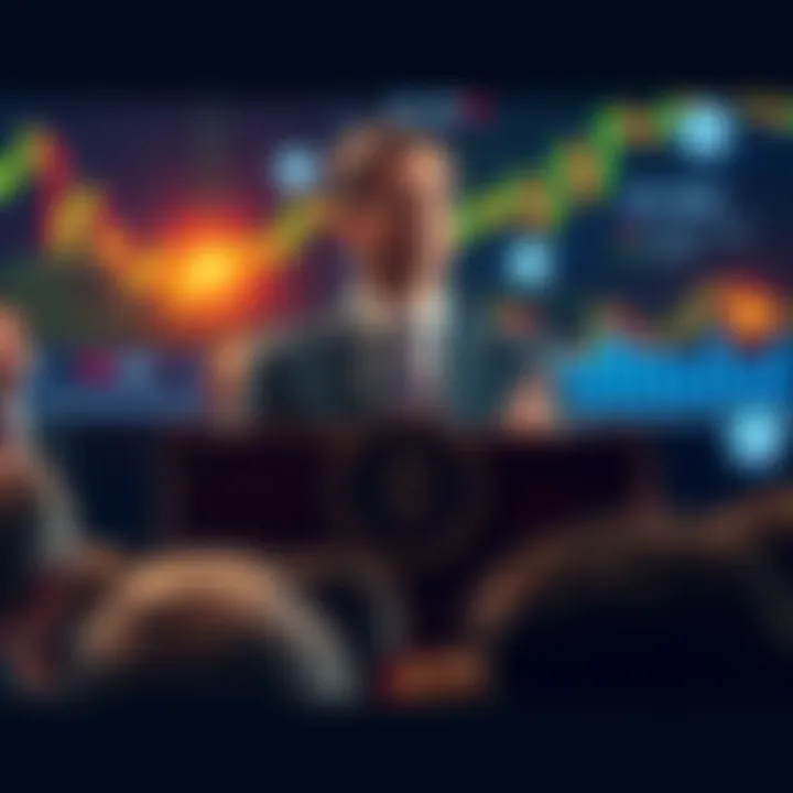 U.S. Treasury Secretary Bessent Speaking on Crypto Treasury Secretary Bessent stands at a podium addressing a crowd about the future of cryptocurrency, with a backdrop of financial charts and digital currency graphics.