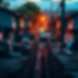 A view of trenches and construction work in a neighborhood, showing workers and local effects.