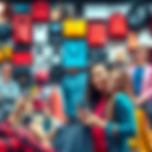 A collage of shopping items showing recent popular trends like tech gadgets, fashion, and home goods. People are smiling while making purchases.