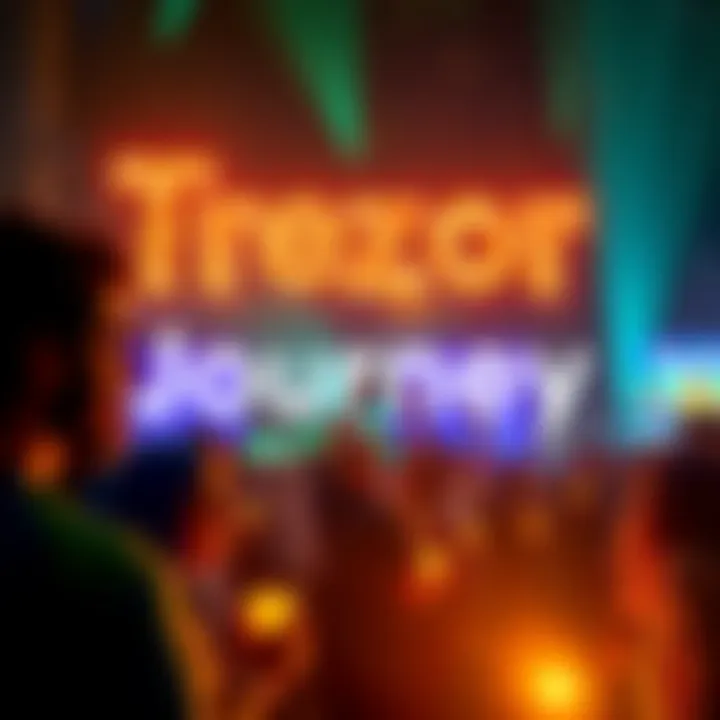People celebrating by sharing their Trezor stories and winning prizes, including a Trezor Model T and merchandise.