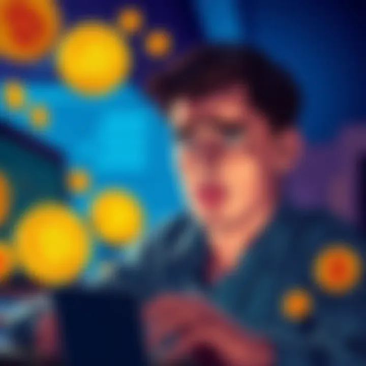 A person looks concerned while setting up their Trezor5 wallet with a worried expression, surrounded by cryptocurrency symbols and a computer.