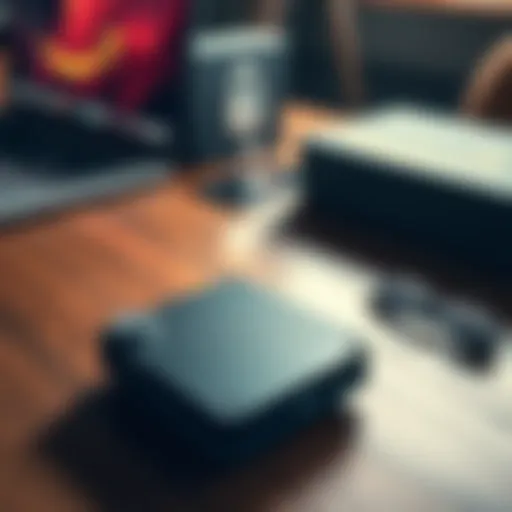 A Trezor hardware wallet sitting on a wooden table next to a laptop and a secure box.