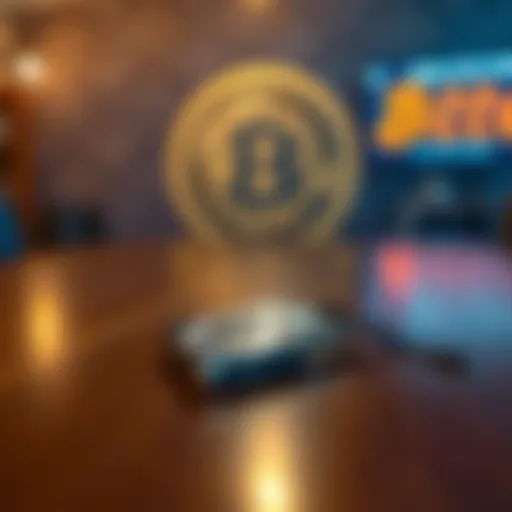 A Trezor hardware wallet placed on a wooden table with a Bitcoin logo in the background