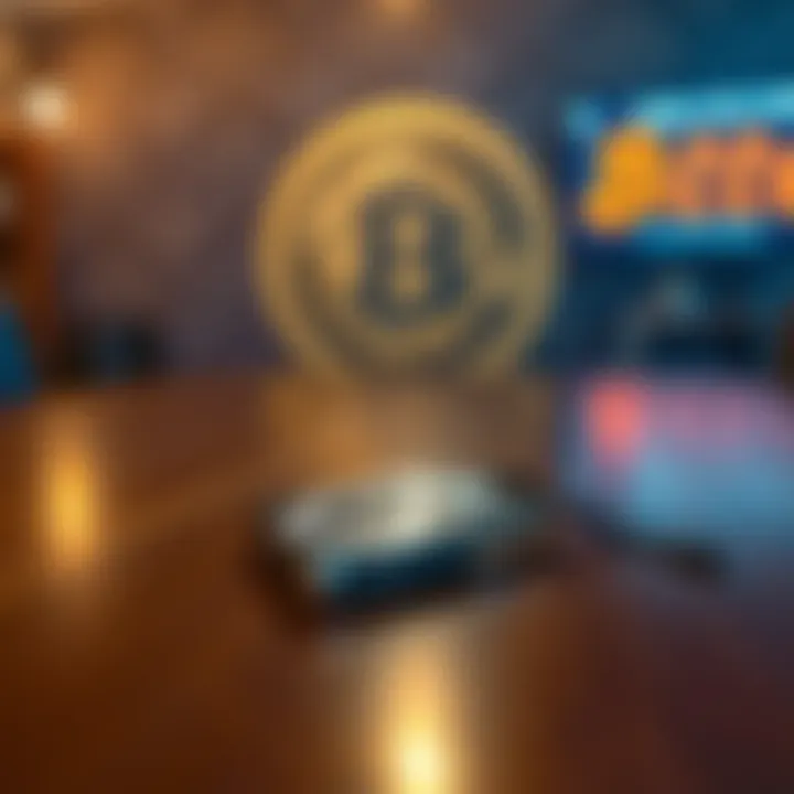 A Trezor hardware wallet placed on a wooden table with a Bitcoin logo in the background