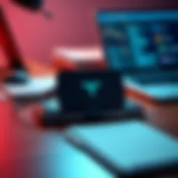 Trezor wallet placed on a wooden desk with a laptop and a notepad nearby, illustrating a secure storage option for cryptocurrency.