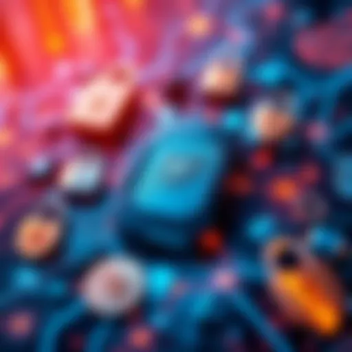 A Trezor wallet surrounded by digital security icons like locks and shields, symbolizing protection from online threats.