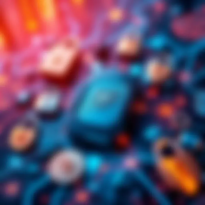 A Trezor wallet surrounded by digital security icons like locks and shields, symbolizing protection from online threats.