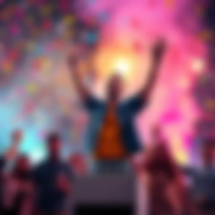 Person celebrating achievements A joyful individual stands on a podium, arms raised in triumph, surrounded by colorful confetti and smiling friends, embodying pride and accomplishment.