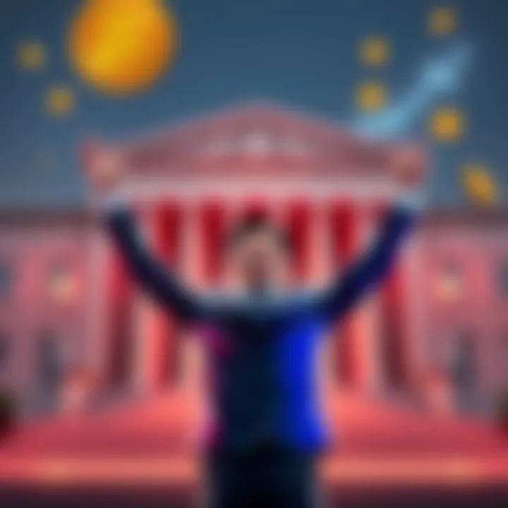 Tron founder Justin Sun raises his arms in celebration outside a courthouse, with a background showing Bitcoin symbols struggling to rise.