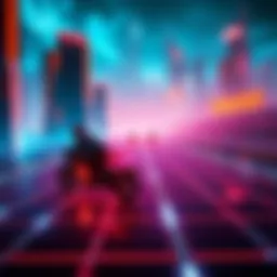 A digital landscape featuring glowing light cycles racing on a grid with a futuristic city in the background