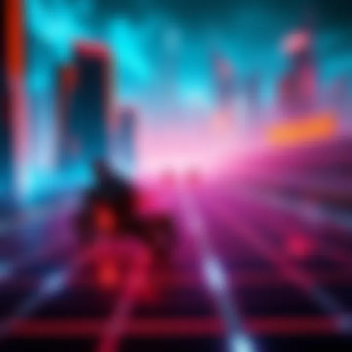 A digital landscape featuring glowing light cycles racing on a grid with a futuristic city in the background