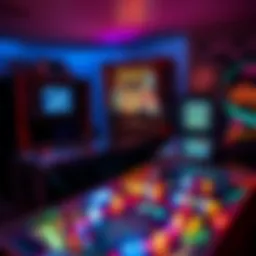 A vintage Tron Pinball machine with colorful lights and graphics, set in a cozy game room.