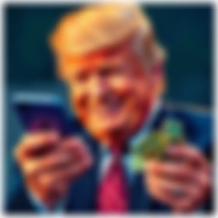 Donald Trump smiling as he checks cryptocurrency profits on his phone