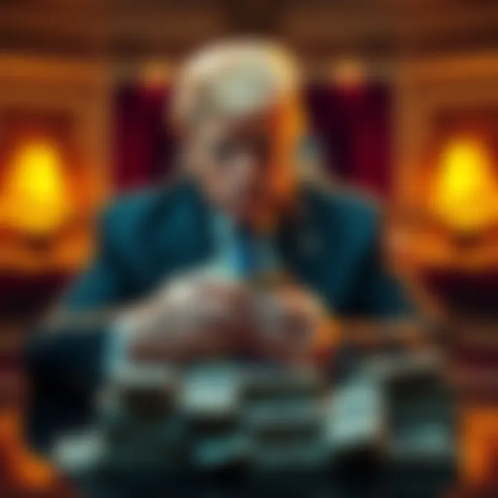 Donald Trump counting stacks of money in a lavish office, representing his financial gains during presidency.