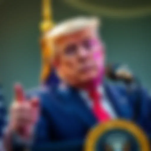 President Trump speaks at a podium, addressing the media about a $45,000 gift to Natalie Harp, with a serious expression.