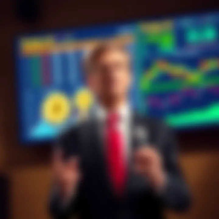 Donald Trump Jr. standing in front of a large screen displaying cryptocurrency symbols and financial graphs