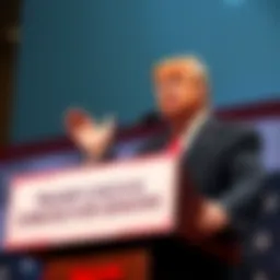 Former President Trump speaking at a podium with a banner announcing Medicare checks for seniors and the Trump Dividend