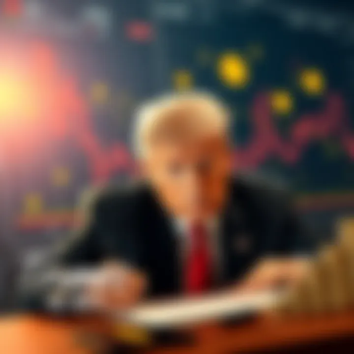 President Trump signing an order with financial charts and cryptocurrency symbols in the background
