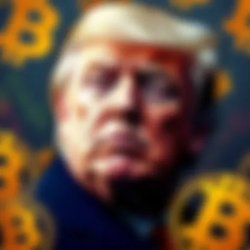 Trump and Bitcoin Symbols A visual representation of Donald Trump's face superimposed over the Bitcoin logo, emphasizing the connection between his statements and Bitcoin prices.