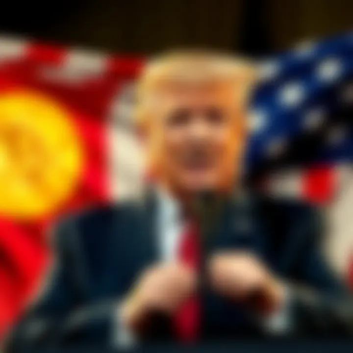 President Donald Trump speaks about the US becoming a leader in Bitcoin and cryptocurrency, with a flag in the background.