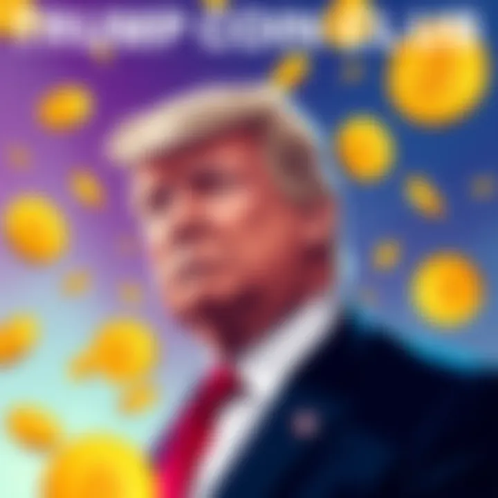 Illustration of President Trump promoting the Coin Club membership for $TRUMP memecoin, featuring coins and club perks in a vibrant background.