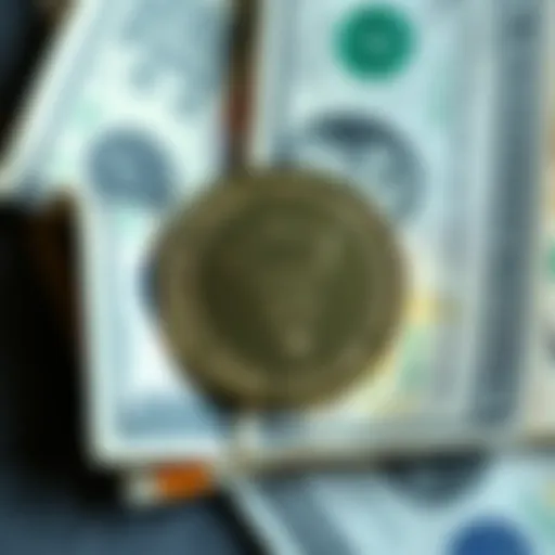 A close-up of Trump Coin displayed with dollar bills, representing potential profits and cryptocurrency investment.