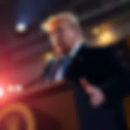 Trump speaks at a podium highlighting his concerns about banks and crypto legislation