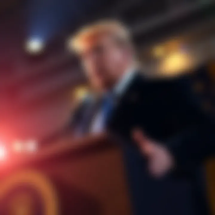 Trump speaks at a podium highlighting his concerns about banks and crypto legislation