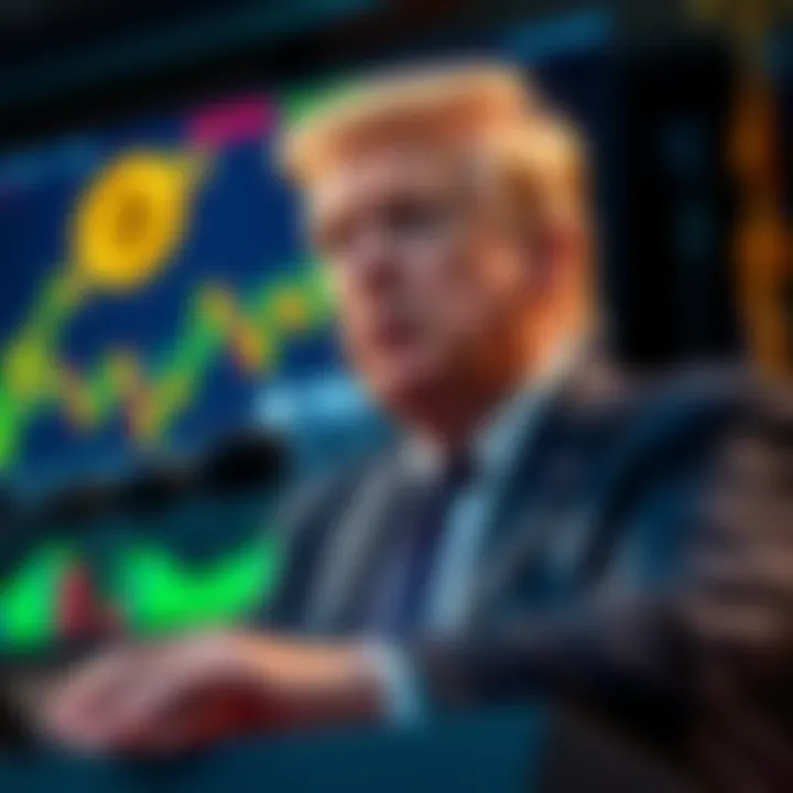 President Trump speaking at a press conference about a new crypto market structure bill, with Bitcoin and cryptocurrency graphs displayed behind him