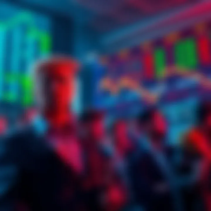 A worried crowd of investors watching stock charts with declining trends, representing losses from the Trump crypto coin.