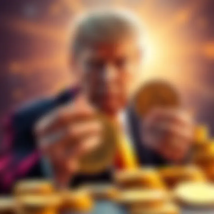 Donald Trump holding gold and silver cryptocurrency coins with a bright background
