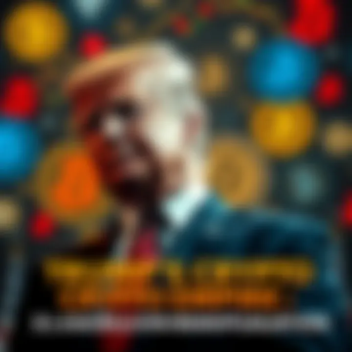 Former President Donald Trump standing confidently with various cryptocurrency symbols in the background, signifying his impact on the crypto market.