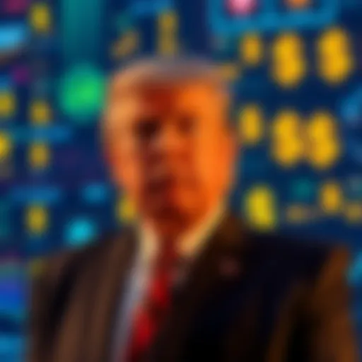 Donald Trump standing in front of a digital screen displaying cryptocurrency graphics and dollar signs.