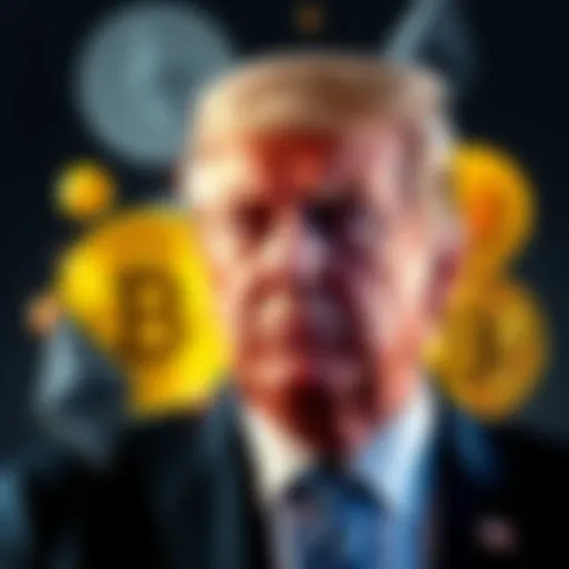 Donald Trump standing in front of various cryptocurrency symbols, such as Bitcoin and Ethereum, symbolizing his influence on the crypto market