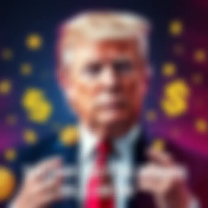 Donald Trump with cryptocurrency symbols and dollar signs representing his increased net worth
