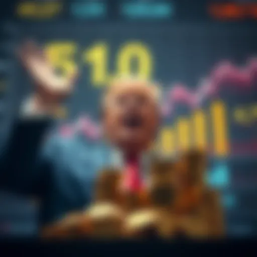 Donald Trump celebrating a large crypto profit with stacks of coins and a graph showing gains, as background shows worried investors looking at their losses.