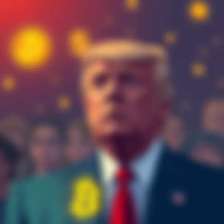Illustration showing a worried crowd with cryptocurrency symbols and a figure resembling Trump in the background, reflecting doubts about crypto trust.