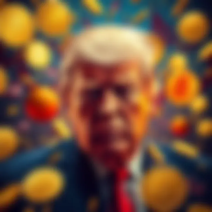 Trump surrounded by cryptocurrency symbols and memecoins, representing the chaotic impact of his pro-crypto stance on the market.